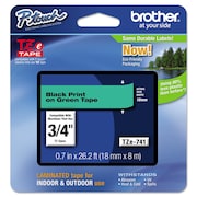 Brother TZe Adhesive Laminated Labeling Tape, 0.7x26.2 ft, Black on Green TZE741